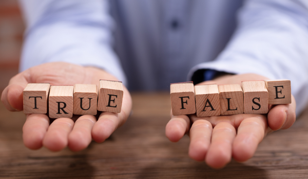 Duas mãos com pequenos blocos em suas palmas formando as palavras "True" e "False".