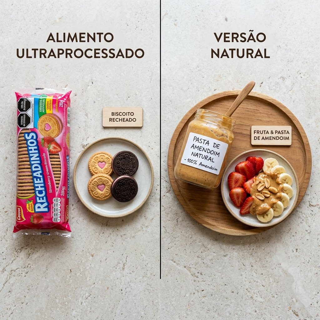 Comparação entre biscoito industrializado e substituição natural com fruta e pasta de amendoim