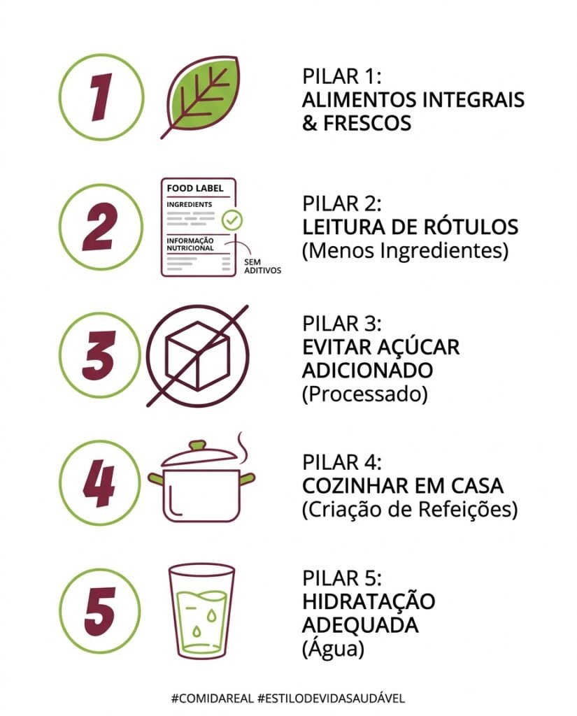 Infográfico com os cinco pilares do clean eating para iniciantes